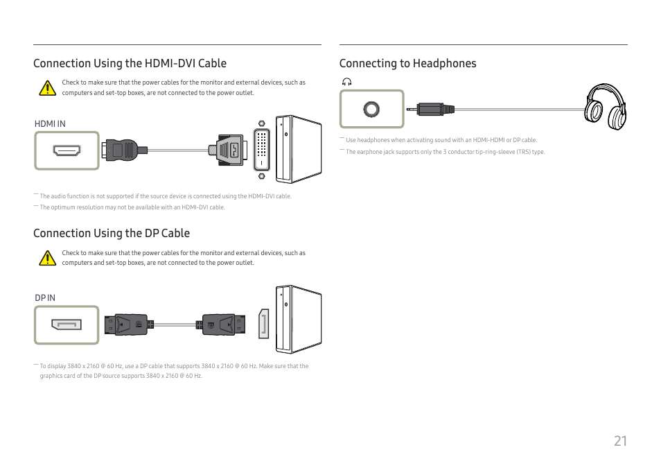 Connection using the hdmi-dvi cable, Connection using the dp cable, Connecting to headphones | Samsung ViewFinity UR59C 32" 4K Curved Monitor User Manual | Page 21 / 44