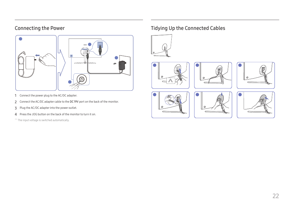 Connecting the power, Tidying up the connected cables | Samsung ViewFinity UR59C 32" 4K Curved Monitor User Manual | Page 22 / 44