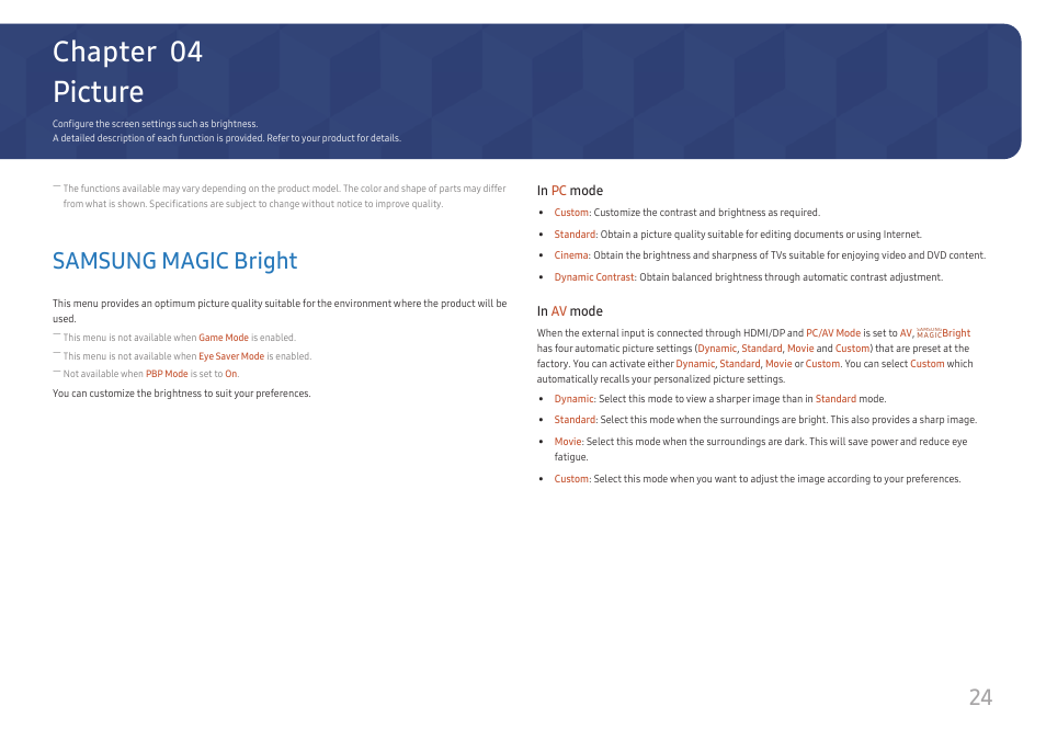 Picture, Samsung magic bright, Chapter 04 | Samsung ViewFinity UR59C 32" 4K Curved Monitor User Manual | Page 24 / 44