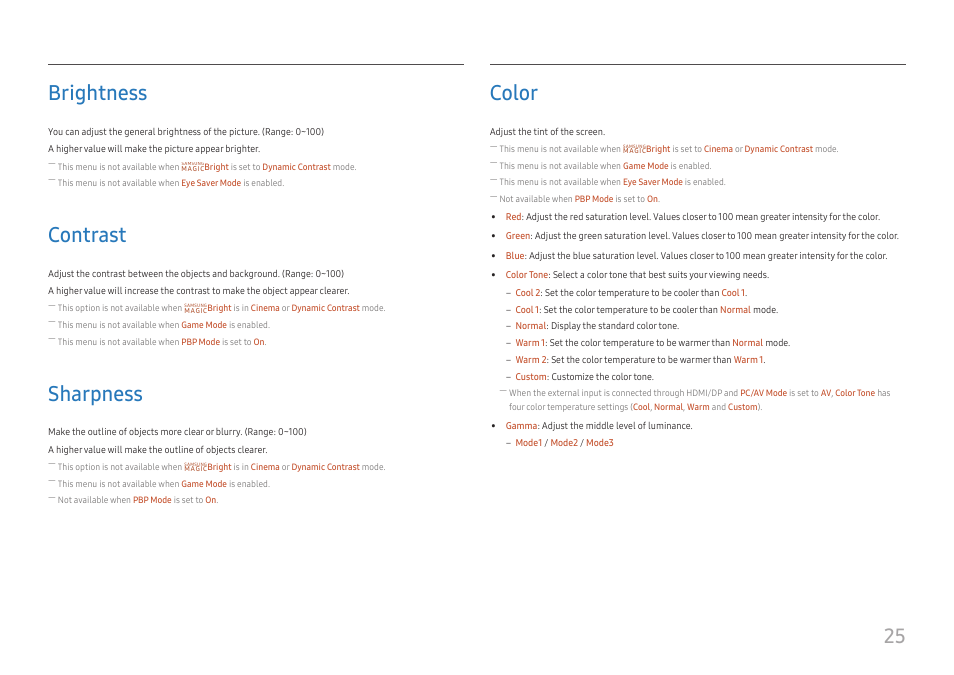 Brightness 25, Contrast 25, Sharpness 25 | Color 25, 25 brightness, Contrast, Sharpness, Color | Samsung ViewFinity UR59C 32" 4K Curved Monitor User Manual | Page 25 / 44