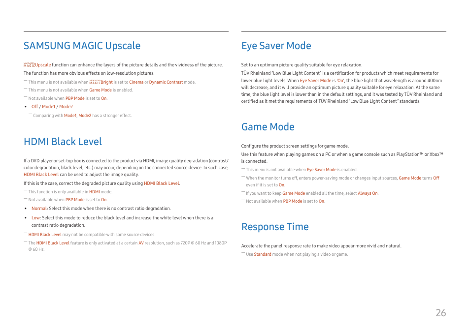 Samsung magic upscale, Hdmi black level 26, Eye saver mode 26 | Game mode 26, Response time 26, 26 samsung magic upscale, Hdmi black level, Eye saver mode, Game mode, Response time | Samsung ViewFinity UR59C 32" 4K Curved Monitor User Manual | Page 26 / 44
