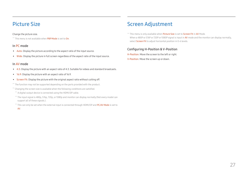 Picture size 27, Screen adjustment 27, 27 picture size | Screen adjustment | Samsung ViewFinity UR59C 32" 4K Curved Monitor User Manual | Page 27 / 44
