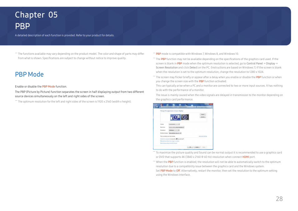 Pbp mode 28, Chapter 05, Pbp mode | Samsung ViewFinity UR59C 32" 4K Curved Monitor User Manual | Page 28 / 44