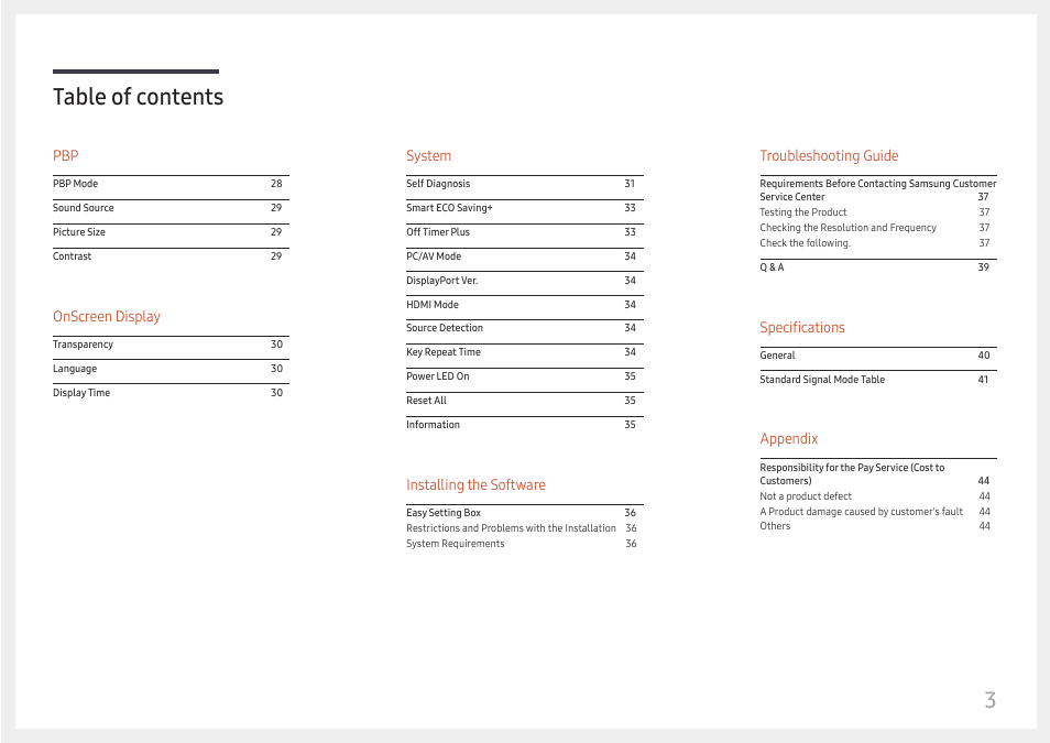 3table of contents, Onscreen display, System | Installing the software, Troubleshooting guide, Specifications, Appendix | Samsung ViewFinity UR59C 32" 4K Curved Monitor User Manual | Page 3 / 44