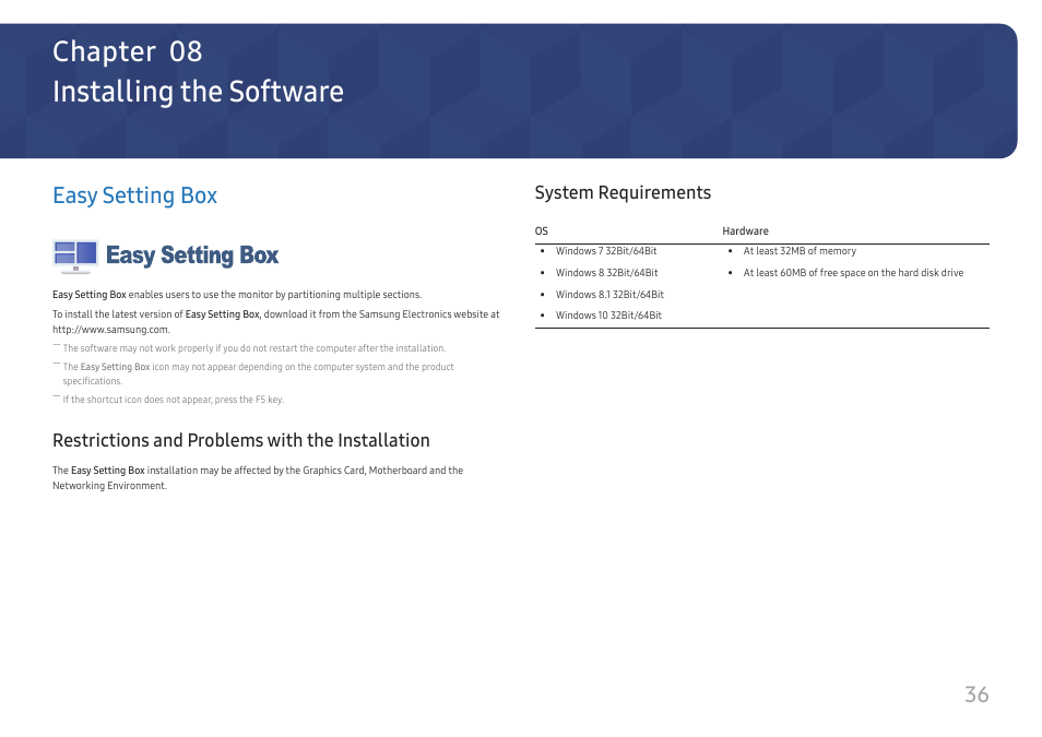 Installing the software, Easy setting box, Chapter 08 | Restrictions and problems with the installation, System requirements | Samsung ViewFinity UR59C 32" 4K Curved Monitor User Manual | Page 36 / 44