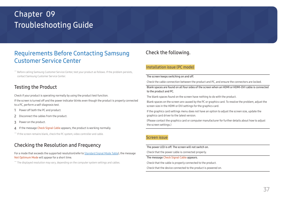 Troubleshooting guide, Requirements before contacting samsung customer, Service center | Testing the product, Checking the resolution and frequency, Check the following, Chapter 09 | Samsung ViewFinity UR59C 32" 4K Curved Monitor User Manual | Page 37 / 44