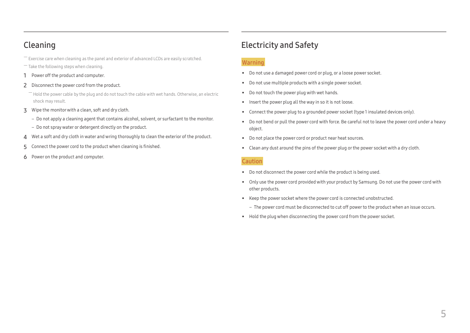 Cleaning 5 electricity and safety, Cleaning, Electricity and safety | Samsung ViewFinity UR59C 32" 4K Curved Monitor User Manual | Page 5 / 44