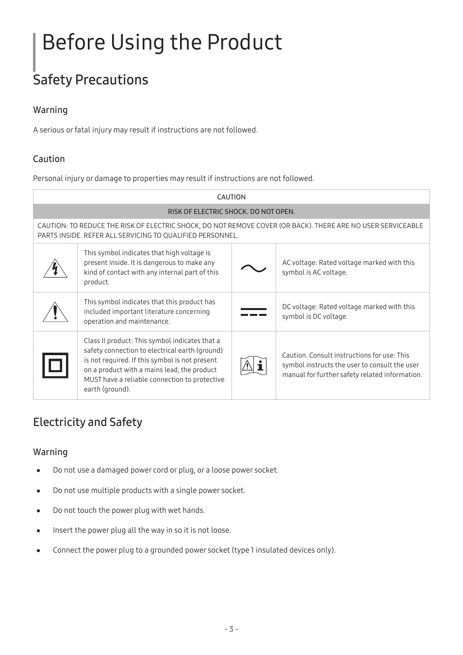 Before using the product, Safety precautions, Electricity and safety | Samsung Odyssey OLED G8 34" 1440p HDR 175 Hz Curved Ultrawide Gaming Monitor (Silver) User Manual | Page 3 / 35