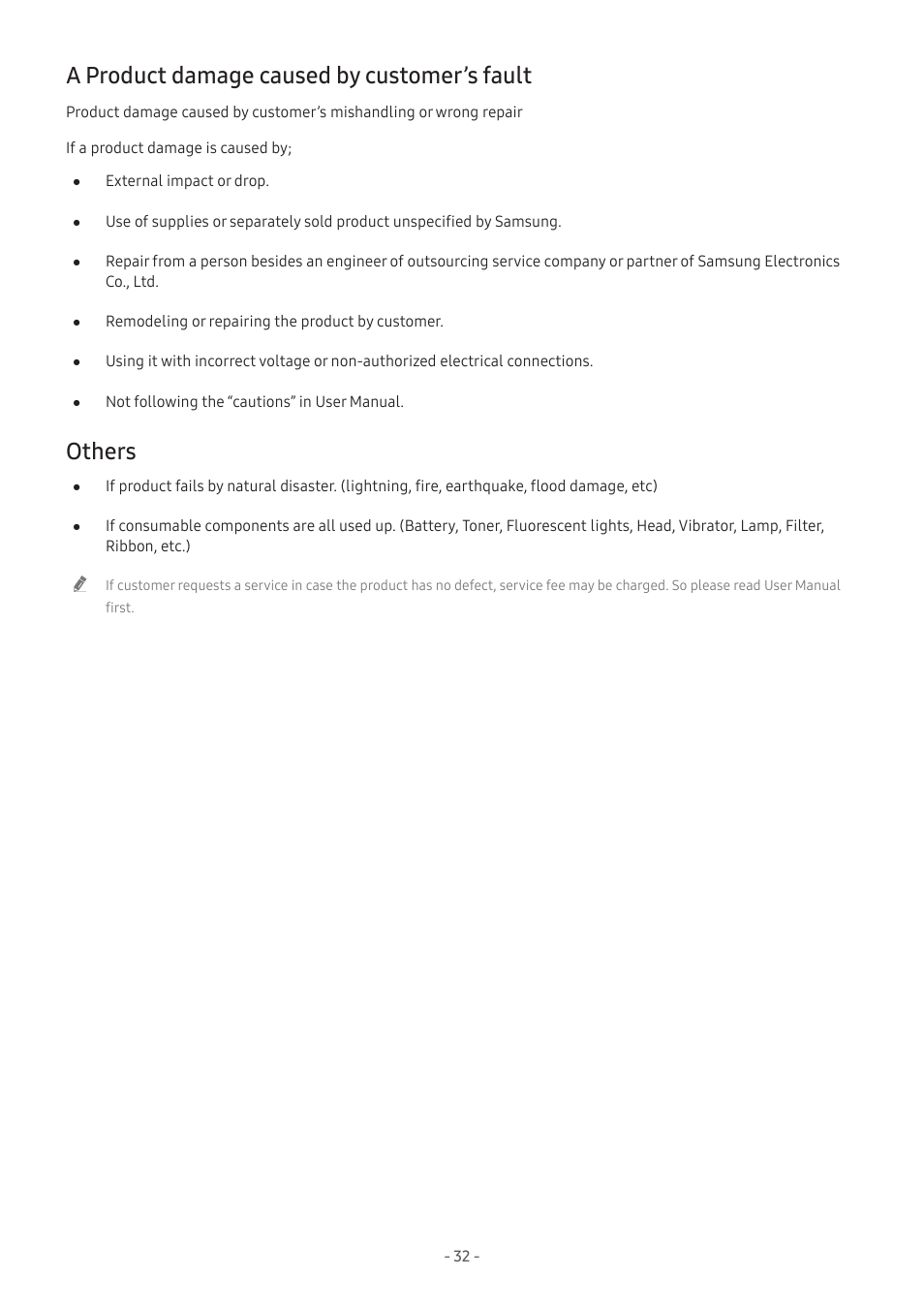 A product damage caused by customer’s fault, Others, 32 a product damage caused by customer’s fault | 32 others | Samsung Odyssey OLED G8 34" 1440p HDR 175 Hz Curved Ultrawide Gaming Monitor (Silver) User Manual | Page 32 / 35