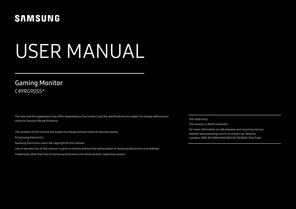 Samsung C49RG9 49" 32:9 120 Hz Curved FreeSync HDR VA Gaming Monitor User Manual | 56 pages