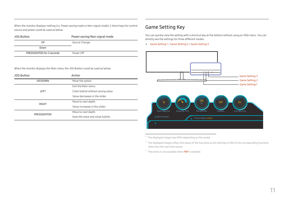 Game setting key | Samsung C49RG9 49" 32:9 120 Hz Curved FreeSync HDR VA Gaming Monitor User Manual | Page 11 / 56