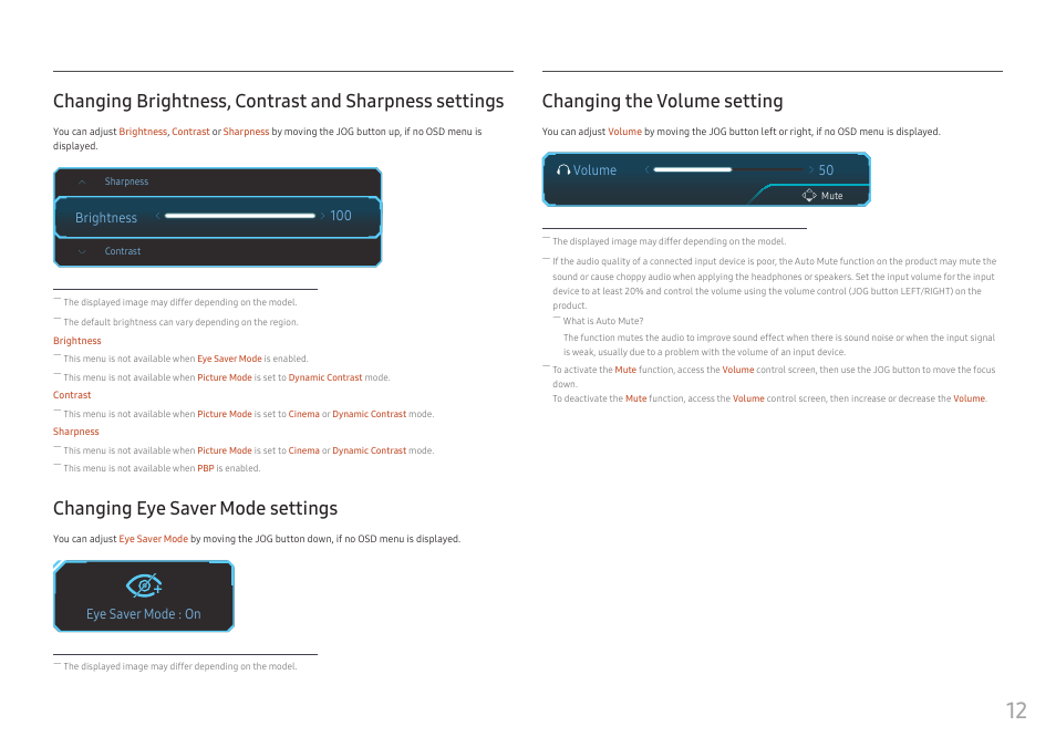 Changing eye saver mode settings, Changing the volume setting, Changing brightness, contrast and sharpness | Settings 12 changing eye saver mode settings | Samsung C49RG9 49" 32:9 120 Hz Curved FreeSync HDR VA Gaming Monitor User Manual | Page 12 / 56