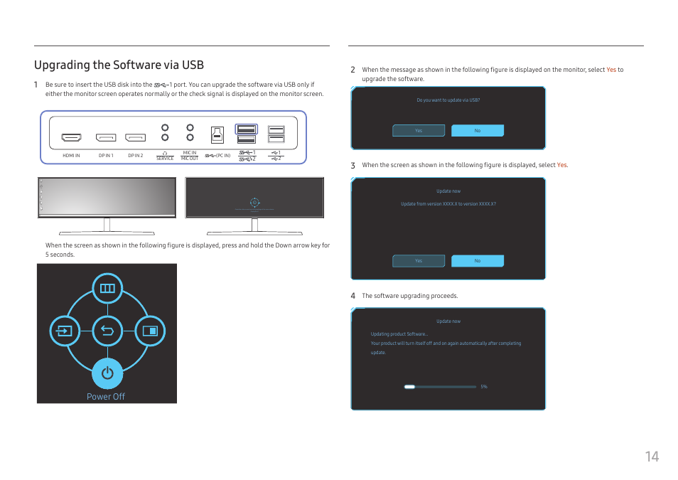 Upgrading the software via usb, Power off 2 | Samsung C49RG9 49" 32:9 120 Hz Curved FreeSync HDR VA Gaming Monitor User Manual | Page 14 / 56