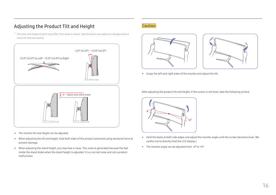 Adjusting the product tilt and height, Caution | Samsung C49RG9 49" 32:9 120 Hz Curved FreeSync HDR VA Gaming Monitor User Manual | Page 16 / 56