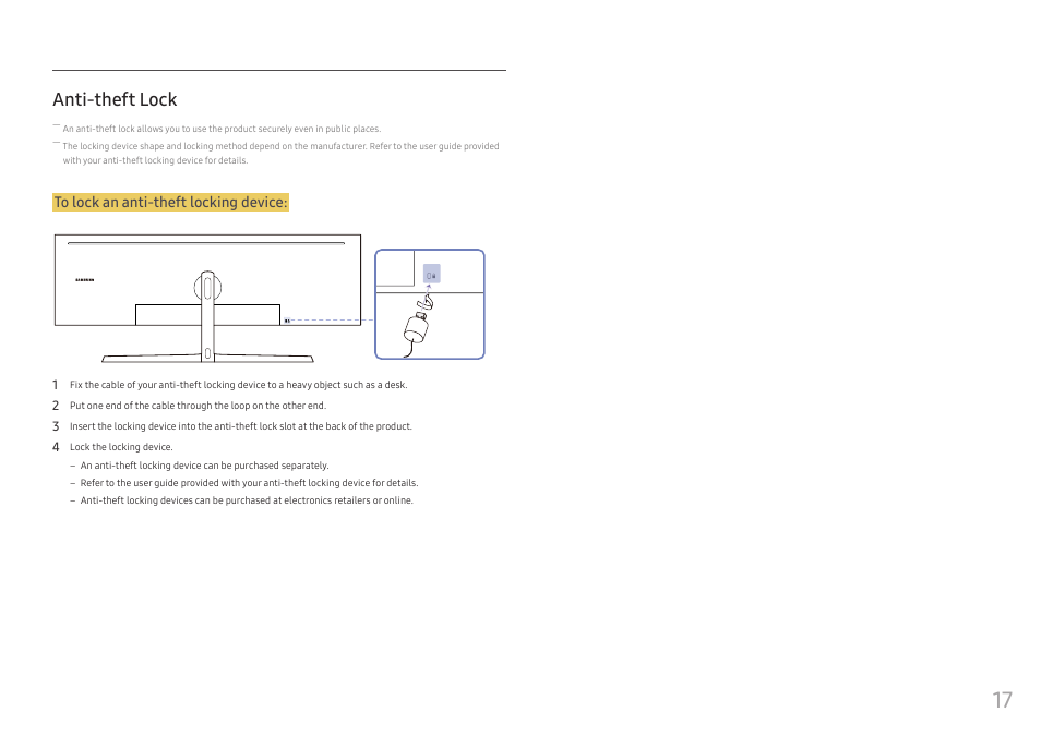 Anti-theft lock | Samsung C49RG9 49" 32:9 120 Hz Curved FreeSync HDR VA Gaming Monitor User Manual | Page 17 / 56