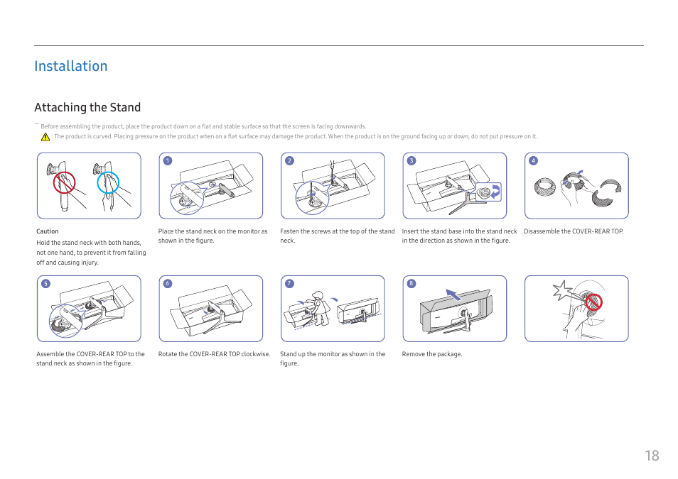 Installation, Attaching the stand, Installation 18 | 18 installation | Samsung C49RG9 49" 32:9 120 Hz Curved FreeSync HDR VA Gaming Monitor User Manual | Page 18 / 56