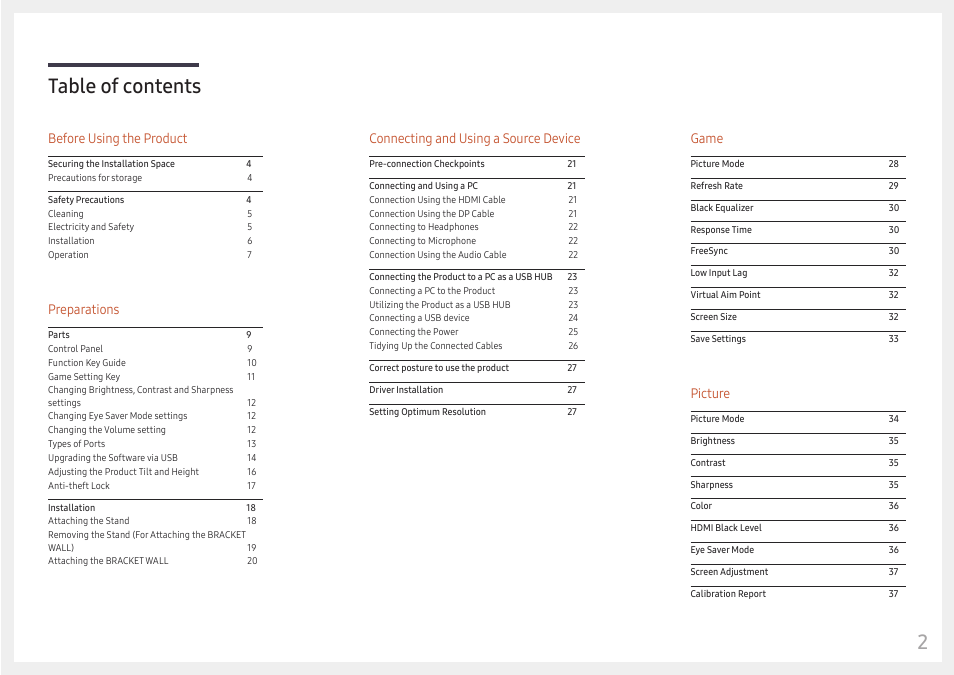 2table of contents, Before using the product, Preparations | Connecting and using a source device, Game, Picture | Samsung C49RG9 49" 32:9 120 Hz Curved FreeSync HDR VA Gaming Monitor User Manual | Page 2 / 56