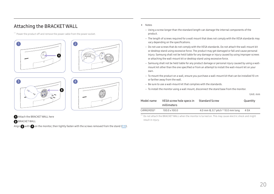 Attaching the bracket wall | Samsung C49RG9 49" 32:9 120 Hz Curved FreeSync HDR VA Gaming Monitor User Manual | Page 20 / 56
