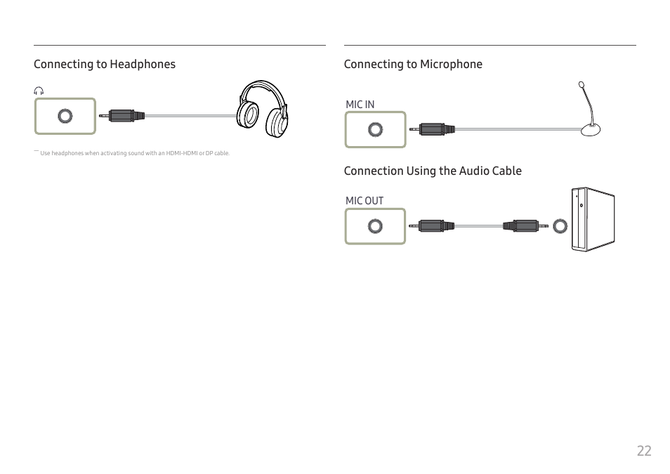 Connecting to headphones, Connecting to microphone, Connection using the audio cable | Samsung C49RG9 49" 32:9 120 Hz Curved FreeSync HDR VA Gaming Monitor User Manual | Page 22 / 56