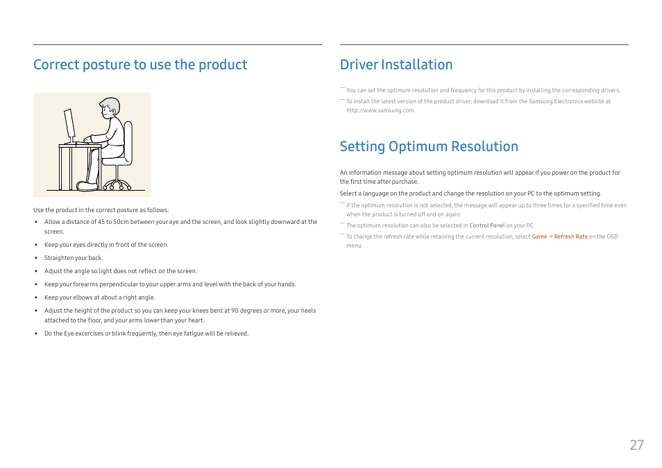 Correct posture to use the product, Driver installation, Setting optimum resolution | 27 correct posture to use the product | Samsung C49RG9 49" 32:9 120 Hz Curved FreeSync HDR VA Gaming Monitor User Manual | Page 27 / 56