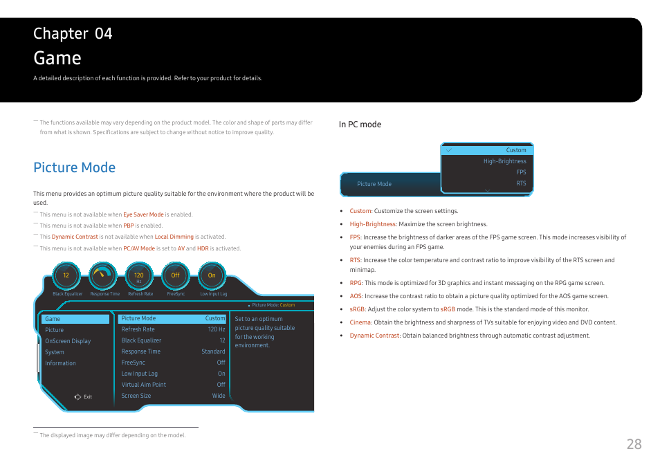 Game, Picture mode, Picture mode 28 | Chapter 04 | Samsung C49RG9 49" 32:9 120 Hz Curved FreeSync HDR VA Gaming Monitor User Manual | Page 28 / 56