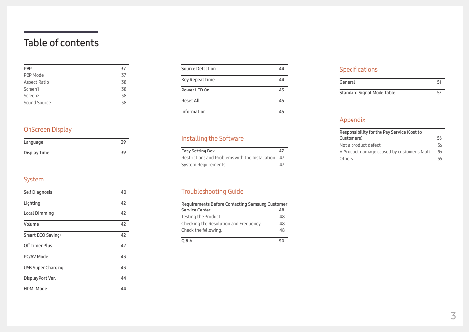 3table of contents, Onscreen display, System | Installing the software, Troubleshooting guide, Specifications, Appendix | Samsung C49RG9 49" 32:9 120 Hz Curved FreeSync HDR VA Gaming Monitor User Manual | Page 3 / 56