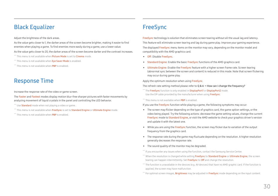 Black equalizer, Response time, Freesync | Black equalizer 30, Response time 30, Freesync 30, 30 black equalizer | Samsung C49RG9 49" 32:9 120 Hz Curved FreeSync HDR VA Gaming Monitor User Manual | Page 30 / 56