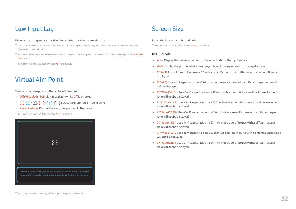 Low input lag, Virtual aim point, Screen size | Low input lag 32, Virtual aim point 32, Screen size 32, 32 low input lag | Samsung C49RG9 49" 32:9 120 Hz Curved FreeSync HDR VA Gaming Monitor User Manual | Page 32 / 56