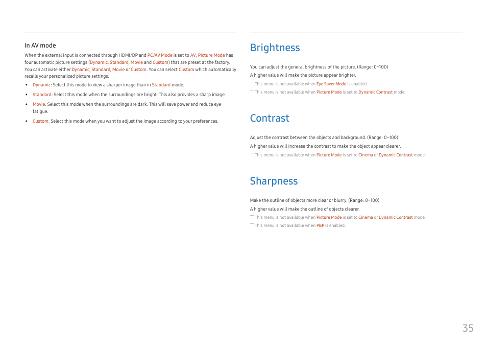 Brightness, Contrast, Sharpness | Brightness 35, Contrast 35, Sharpness 35 | Samsung C49RG9 49" 32:9 120 Hz Curved FreeSync HDR VA Gaming Monitor User Manual | Page 35 / 56