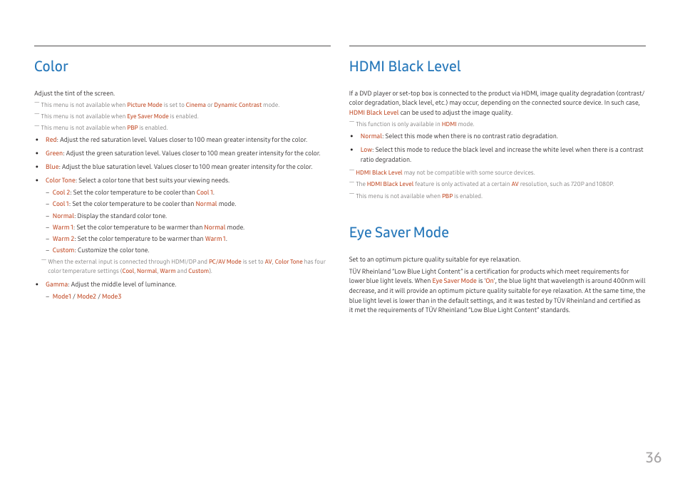 Color, Hdmi black level, Eye saver mode | Color 36, Hdmi black level 36, Eye saver mode 36, 36 color | Samsung C49RG9 49" 32:9 120 Hz Curved FreeSync HDR VA Gaming Monitor User Manual | Page 36 / 56