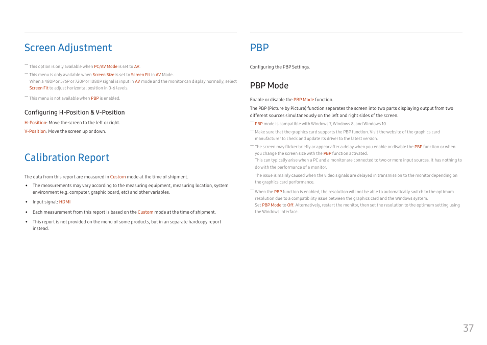 Screen adjustment, Calibration report, Pbp mode | Screen adjustment 37, Calibration report 37, Pbp 37, Pbp mode 37, 37 screen adjustment | Samsung C49RG9 49" 32:9 120 Hz Curved FreeSync HDR VA Gaming Monitor User Manual | Page 37 / 56