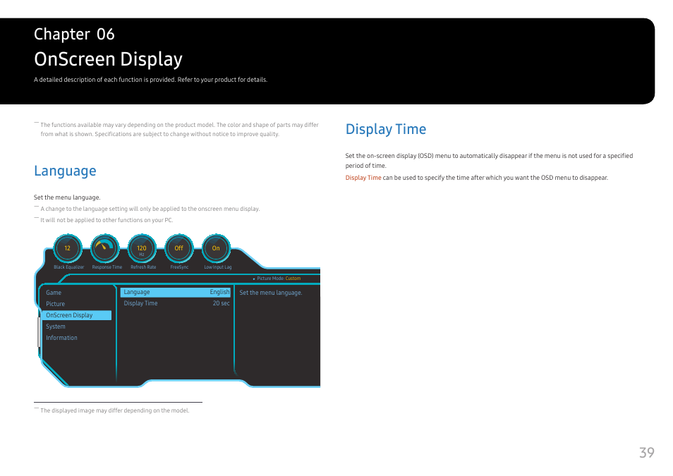 Onscreen display, Language, Display time | Language 39, Display time 39, Chapter 06 | Samsung C49RG9 49" 32:9 120 Hz Curved FreeSync HDR VA Gaming Monitor User Manual | Page 39 / 56