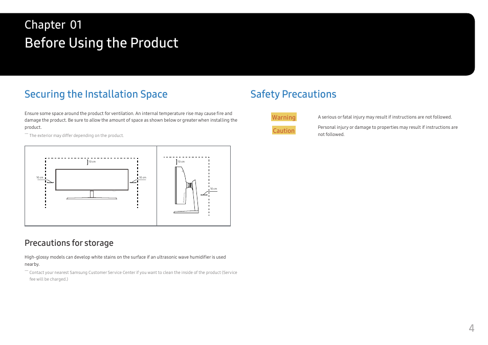 Before using the product, Securing the installation space, Precautions for storage | Safety precautions, Chapter 01, 4securing the installation space | Samsung C49RG9 49" 32:9 120 Hz Curved FreeSync HDR VA Gaming Monitor User Manual | Page 4 / 56