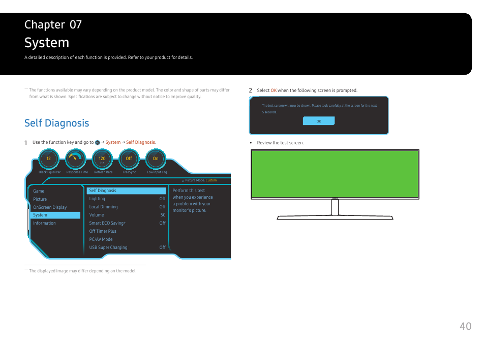 System, Self diagnosis, Self diagnosis 40 | Chapter 07 | Samsung C49RG9 49" 32:9 120 Hz Curved FreeSync HDR VA Gaming Monitor User Manual | Page 40 / 56