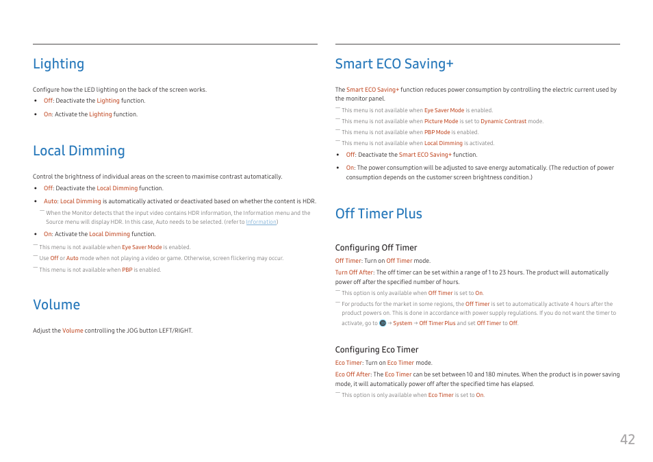 Lighting, Local dimming, Volume | Smart eco saving, Off timer plus, Lighting 42, Local dimming 42, Volume 42, Smart eco saving+ 42, Off timer plus 42 | Samsung C49RG9 49" 32:9 120 Hz Curved FreeSync HDR VA Gaming Monitor User Manual | Page 42 / 56