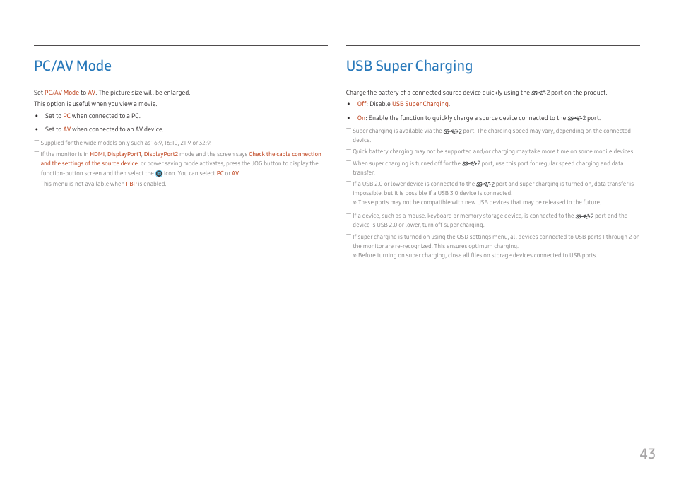 Pc/av mode, Usb super charging, Pc/av mode 43 | Usb super charging 43, 43 pc/av mode | Samsung C49RG9 49" 32:9 120 Hz Curved FreeSync HDR VA Gaming Monitor User Manual | Page 43 / 56