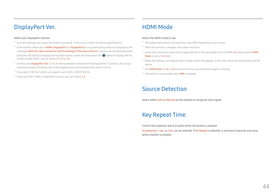 Displayport ver, Hdmi mode, Source detection | Key repeat time, Displayport ver. 44, Hdmi mode 44, Source detection 44, Key repeat time 44, 44 displayport ver | Samsung C49RG9 49" 32:9 120 Hz Curved FreeSync HDR VA Gaming Monitor User Manual | Page 44 / 56