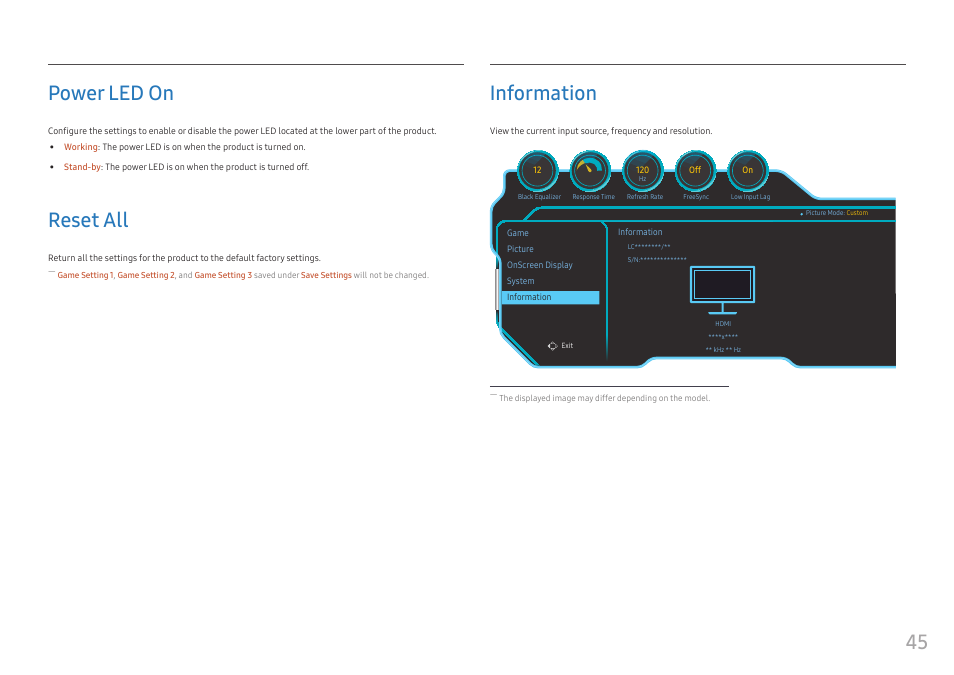 Power led on, Reset all, Information | Power led on 45, Reset all 45, Information 45, 45 power led on | Samsung C49RG9 49" 32:9 120 Hz Curved FreeSync HDR VA Gaming Monitor User Manual | Page 45 / 56