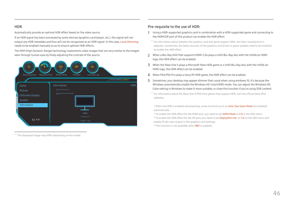 Pre-requisite to the use of hdr: 1 | Samsung C49RG9 49" 32:9 120 Hz Curved FreeSync HDR VA Gaming Monitor User Manual | Page 46 / 56