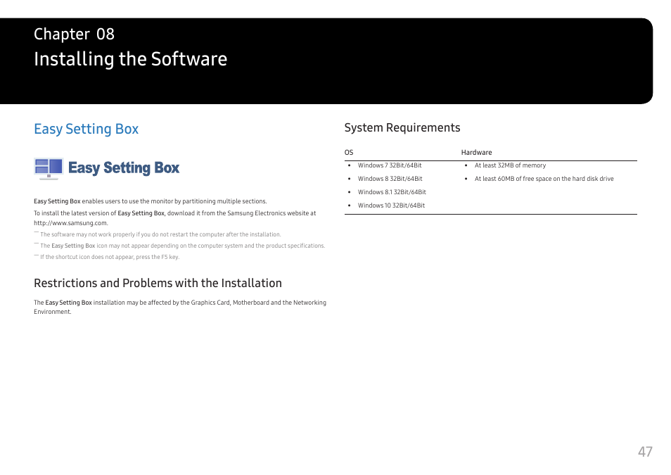 Installing the software, Easy setting box, Restrictions and problems with the installation | System requirements, Chapter 08 | Samsung C49RG9 49" 32:9 120 Hz Curved FreeSync HDR VA Gaming Monitor User Manual | Page 47 / 56