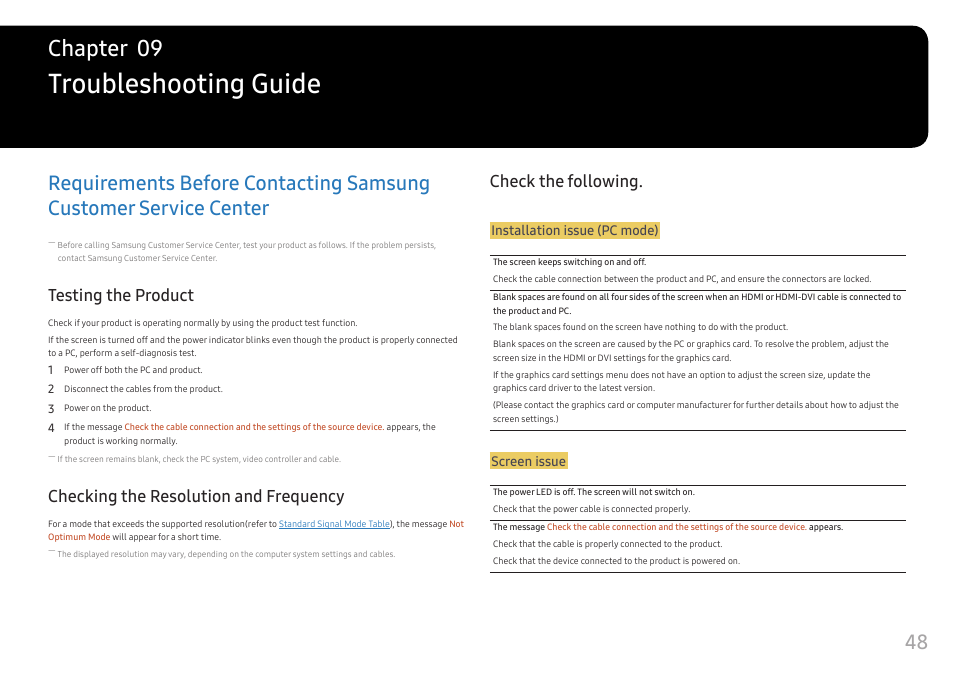 Troubleshooting guide, Testing the product, Checking the resolution and frequency | Check the following, Requirements before contacting samsung customer, Service center, Chapter 09 | Samsung C49RG9 49" 32:9 120 Hz Curved FreeSync HDR VA Gaming Monitor User Manual | Page 48 / 56