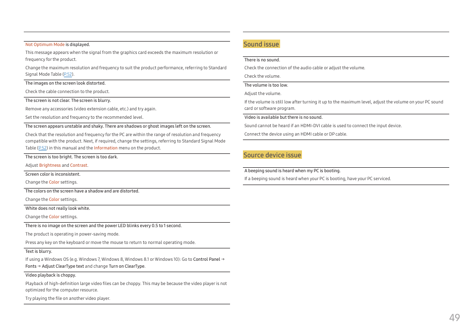 Sound issue, Source device issue | Samsung C49RG9 49" 32:9 120 Hz Curved FreeSync HDR VA Gaming Monitor User Manual | Page 49 / 56