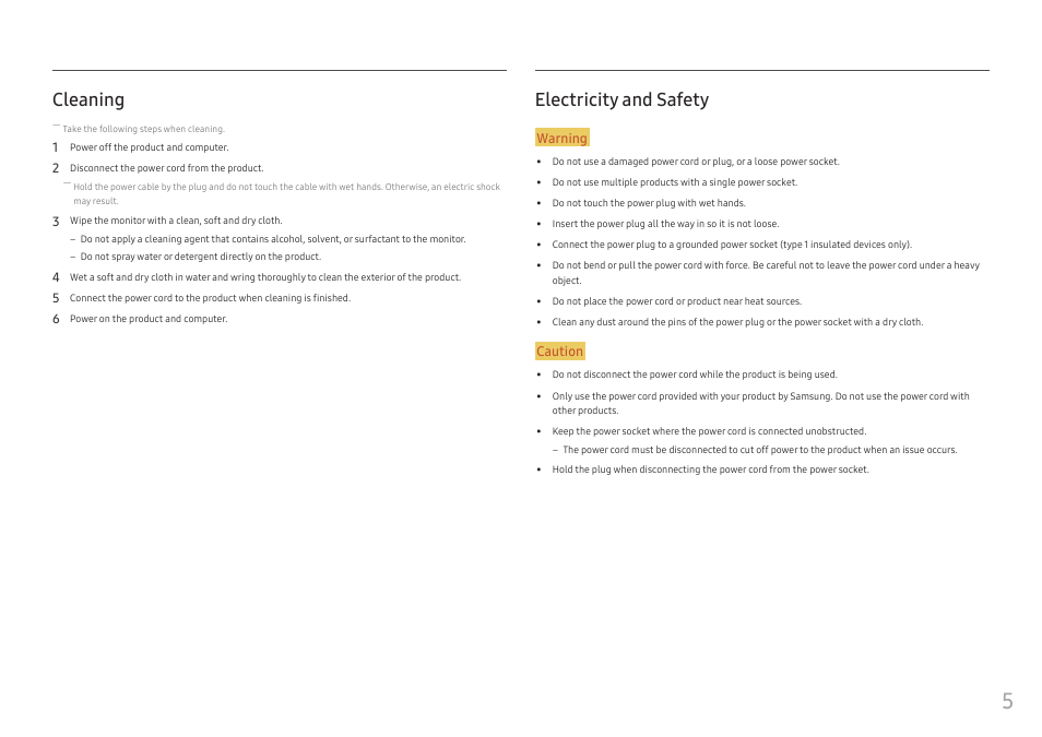 Cleaning, Electricity and safety, Cleaning 5 electricity and safety | Samsung C49RG9 49" 32:9 120 Hz Curved FreeSync HDR VA Gaming Monitor User Manual | Page 5 / 56