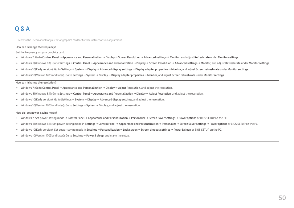 Q & a, 50 q & a | Samsung C49RG9 49" 32:9 120 Hz Curved FreeSync HDR VA Gaming Monitor User Manual | Page 50 / 56