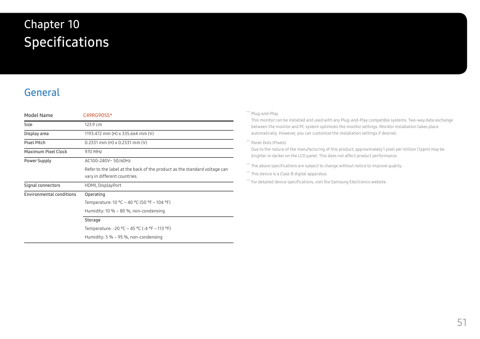 Specifications, General, General 51 | Chapter 10 | Samsung C49RG9 49" 32:9 120 Hz Curved FreeSync HDR VA Gaming Monitor User Manual | Page 51 / 56