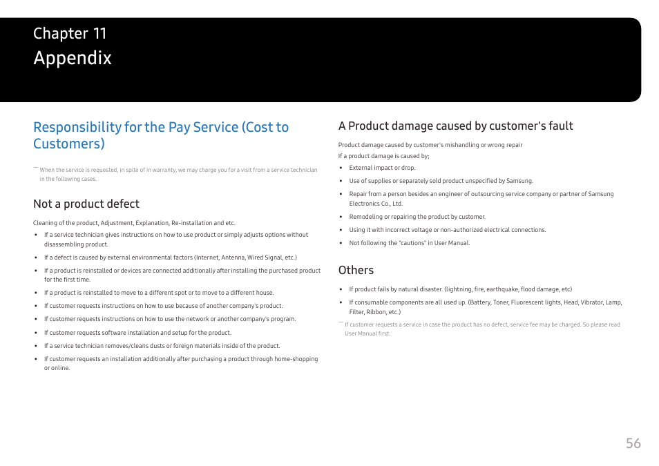 Appendix, Not a product defect, A product damage caused by customer's fault | Others, Responsibility for the pay service (cost to, Customers) 56, Chapter 11 | Samsung C49RG9 49