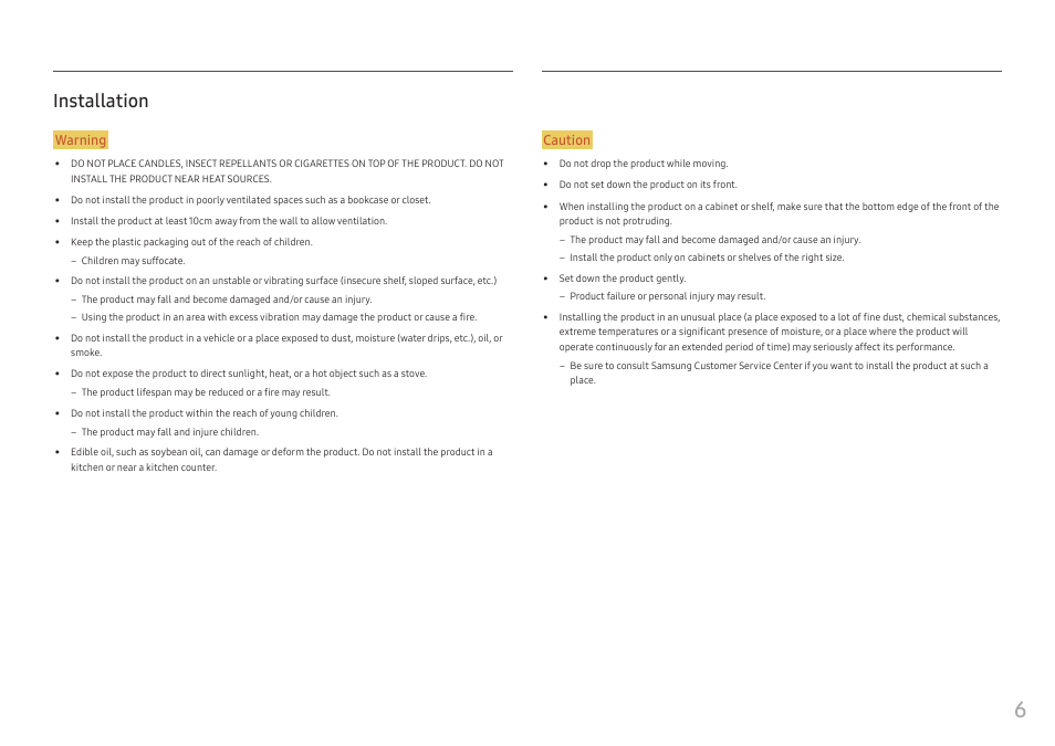Installation, Installation 6, Warning | Caution | Samsung C49RG9 49" 32:9 120 Hz Curved FreeSync HDR VA Gaming Monitor User Manual | Page 6 / 56