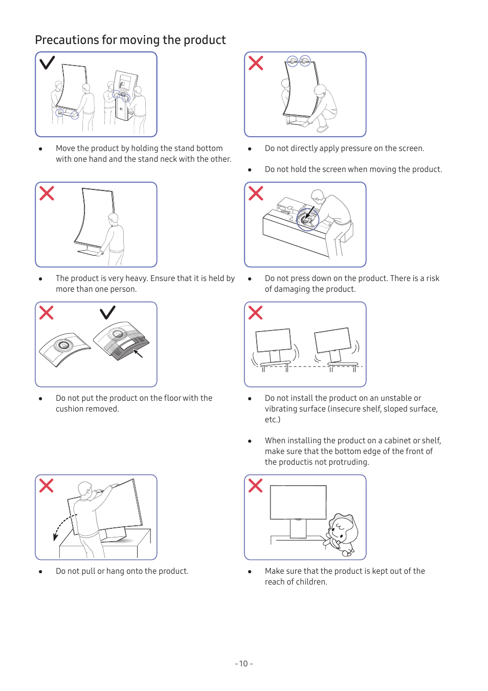 Precautions for moving the product, 10 precautions for moving the product | Samsung Odyssey Ark 55" 4K HDR 165 Hz Curved Gaming Monitor User Manual | Page 10 / 42