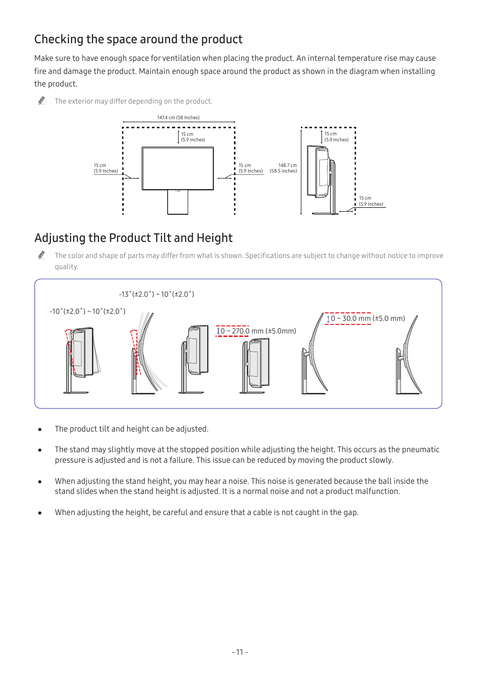 Checking the space around the product, Adjusting the product tilt and height | Samsung Odyssey Ark 55" 4K HDR 165 Hz Curved Gaming Monitor User Manual | Page 11 / 42