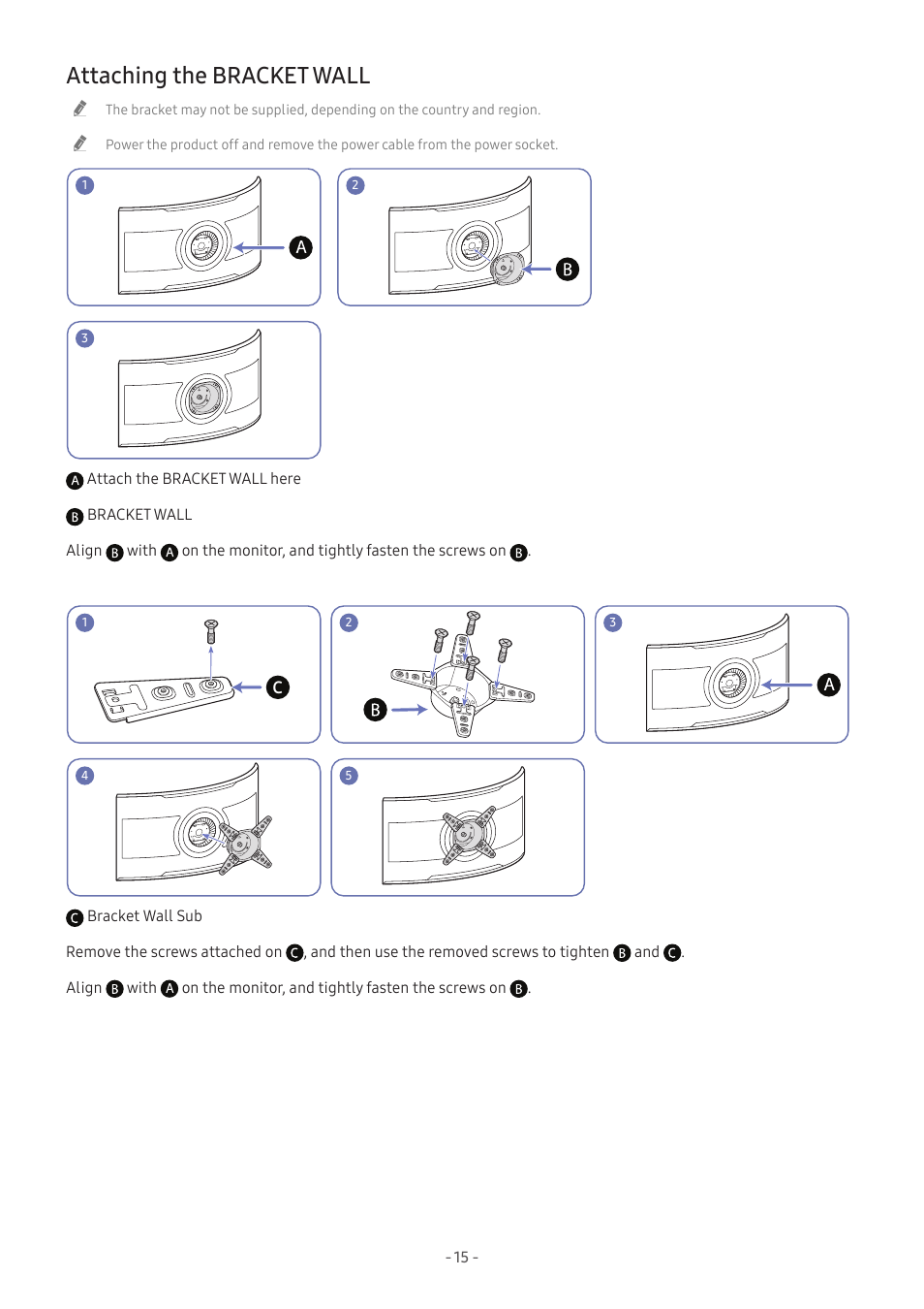 Attaching the bracket wall, 15 attaching the bracket wall | Samsung Odyssey Ark 55" 4K HDR 165 Hz Curved Gaming Monitor User Manual | Page 15 / 42